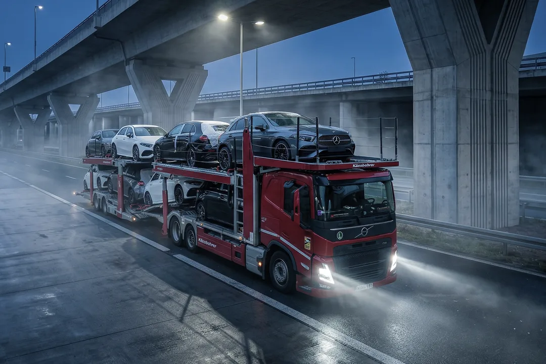 Autovežis su pakrautais automobiliais kelyje