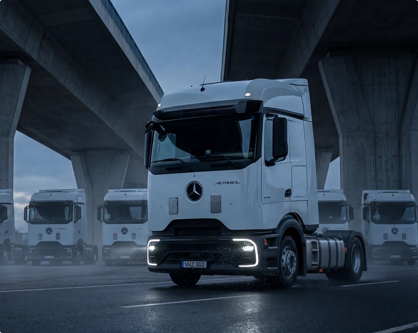 Baltas Mercedes-Benz vilkikas prieš transporto parko koloną – visapusiškas verslo palaikymas